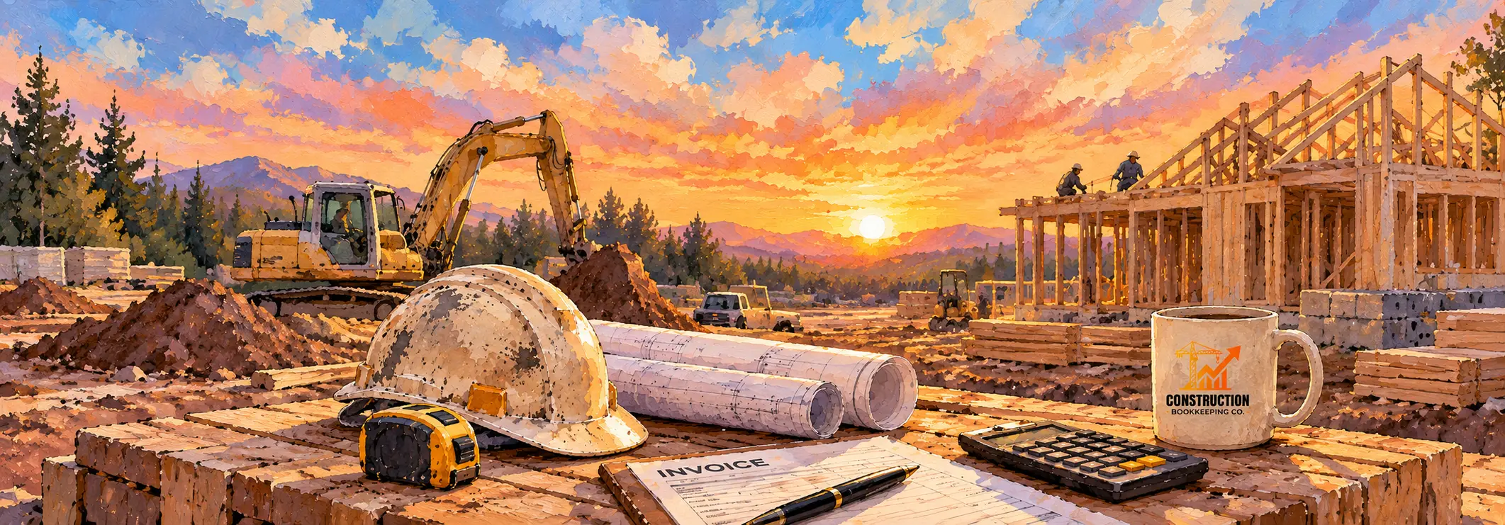 Illustration: a job site at sunset, with a hard hat, plans, an invoice, a calculator and a Construction Bookkeeping Co. mug