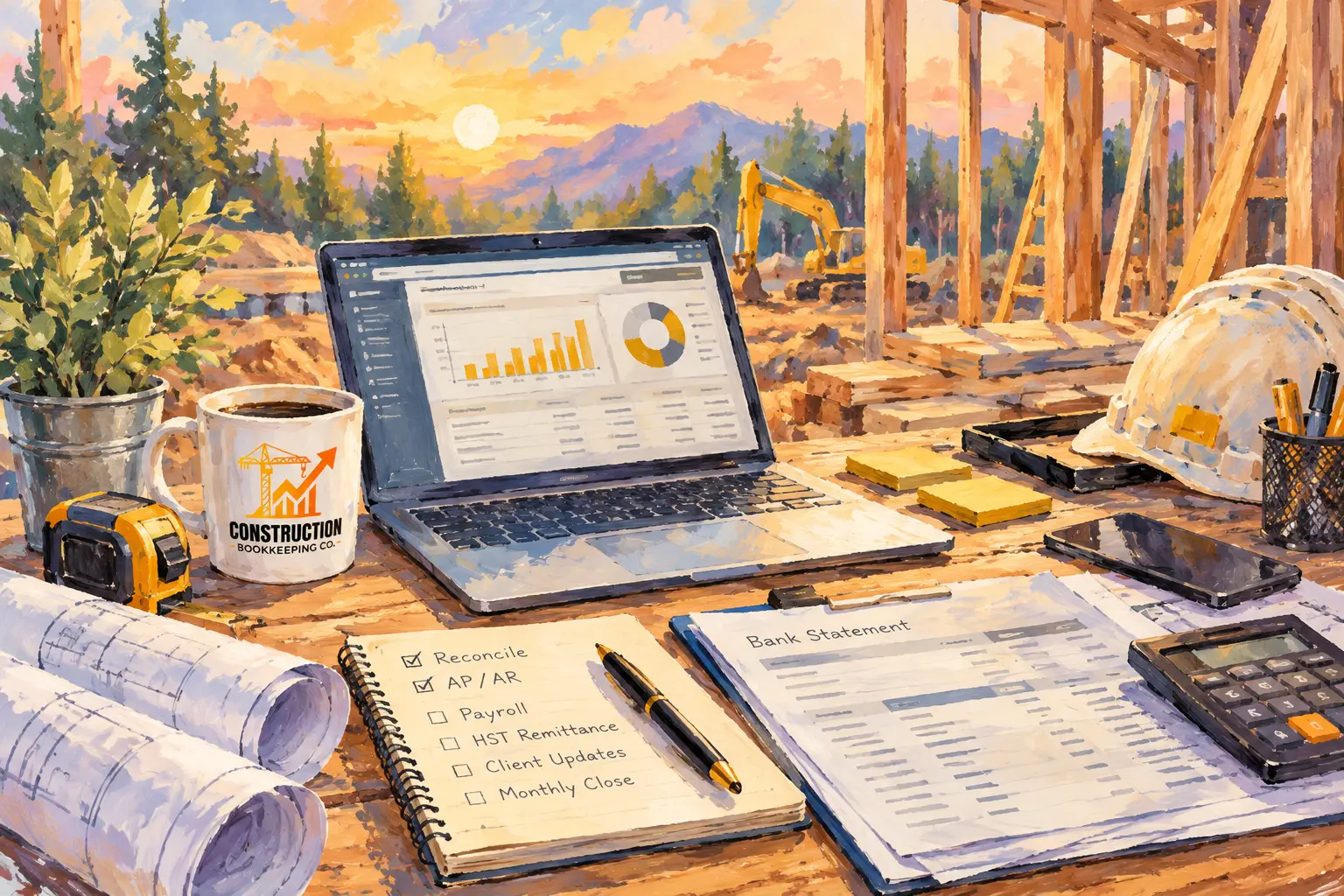 Illustration: a bookkeeper’s desk on a job site at sunset, with a laptop showing charts, a Construction Bookkeeping Co. mug, a checklist and a hard hat